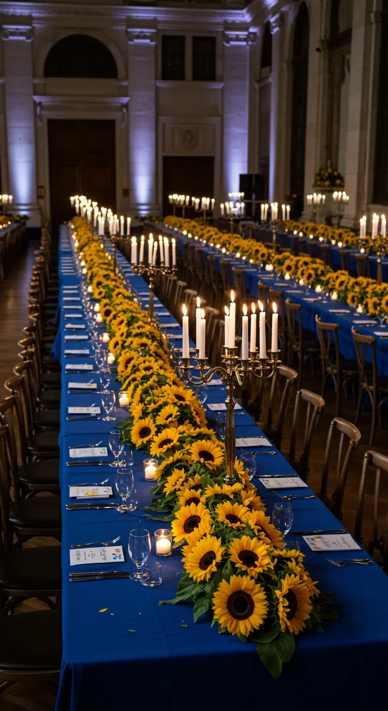Larga mesa de banquete con mantel azul y un camino de girasoles y candelabros.