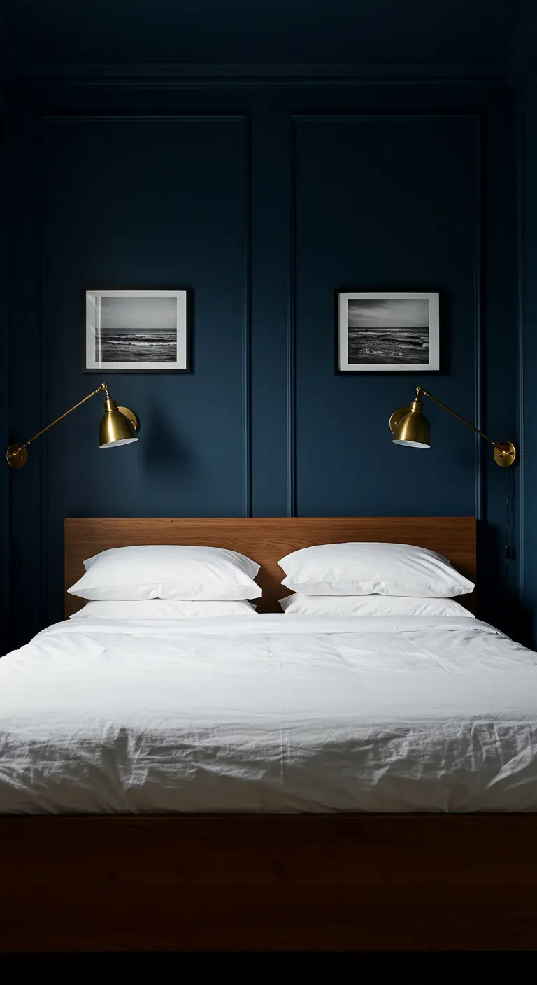 Dormitorio oscuro con paredes azul marino, cama blanca y apliques dorados de pared.