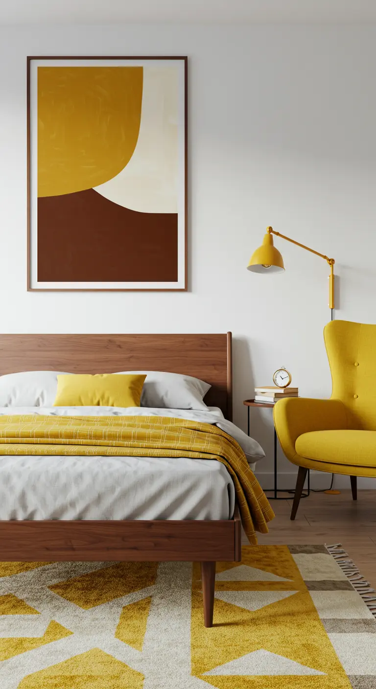 Dormitorio moderno con cama de madera, cuadro abstracto en tonos ocre y chocolate, y sillón amarillo.