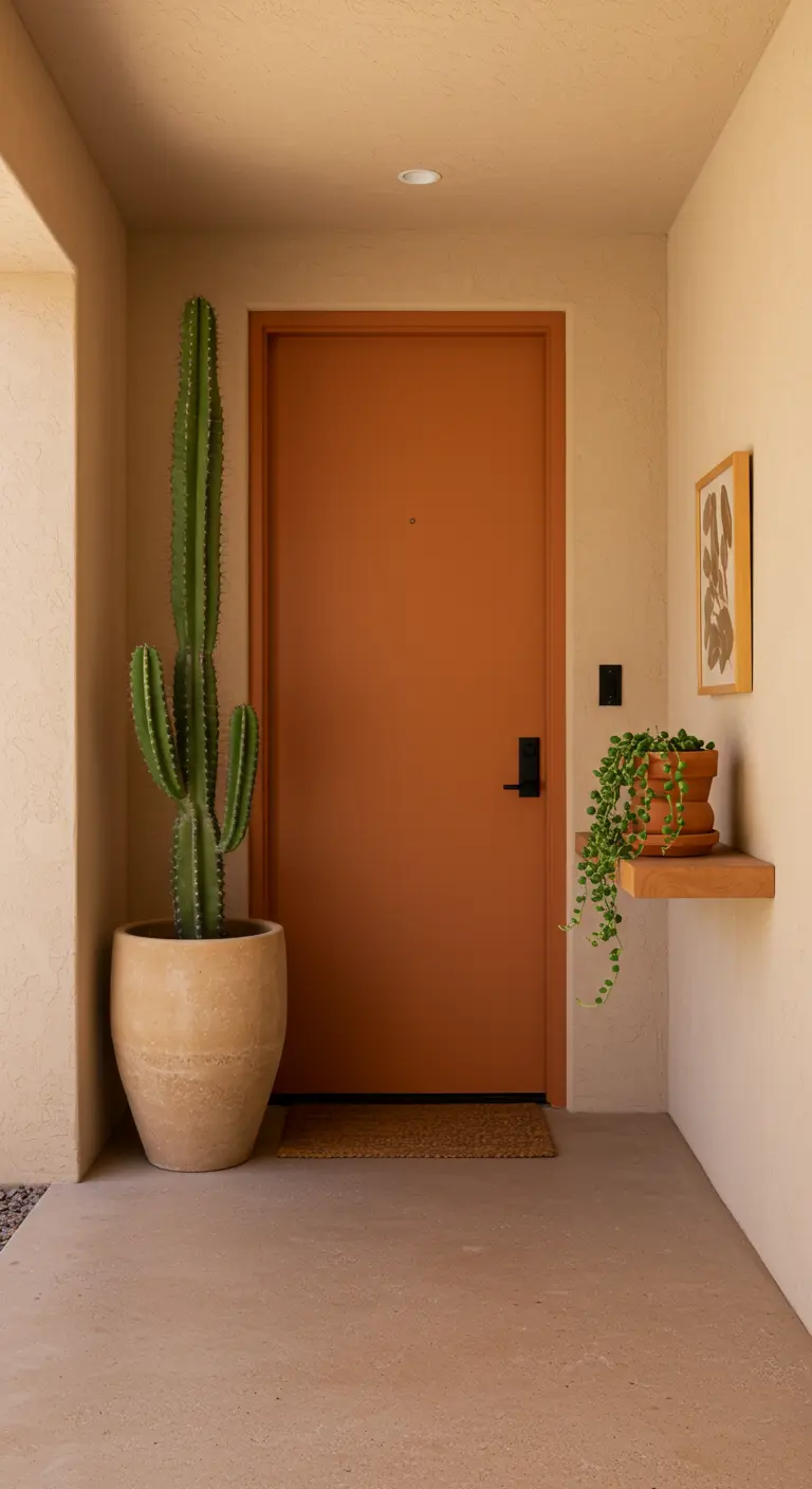 Entrada de estilo desértico con puerta color ocre, un cactus alto y paredes texturizadas.