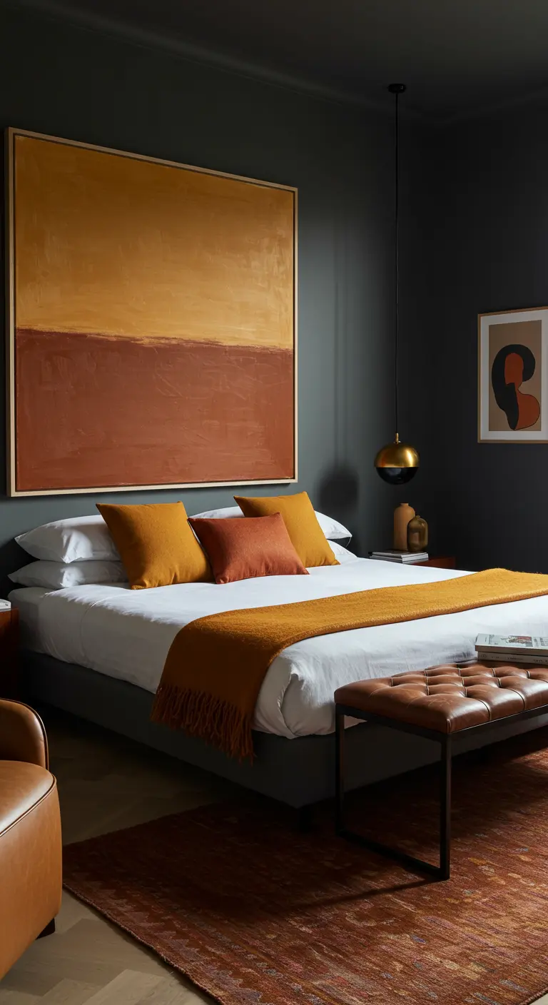 Dormitorio con paredes oscuras, un gran cuadro en tonos ocre y ropa de cama a juego.