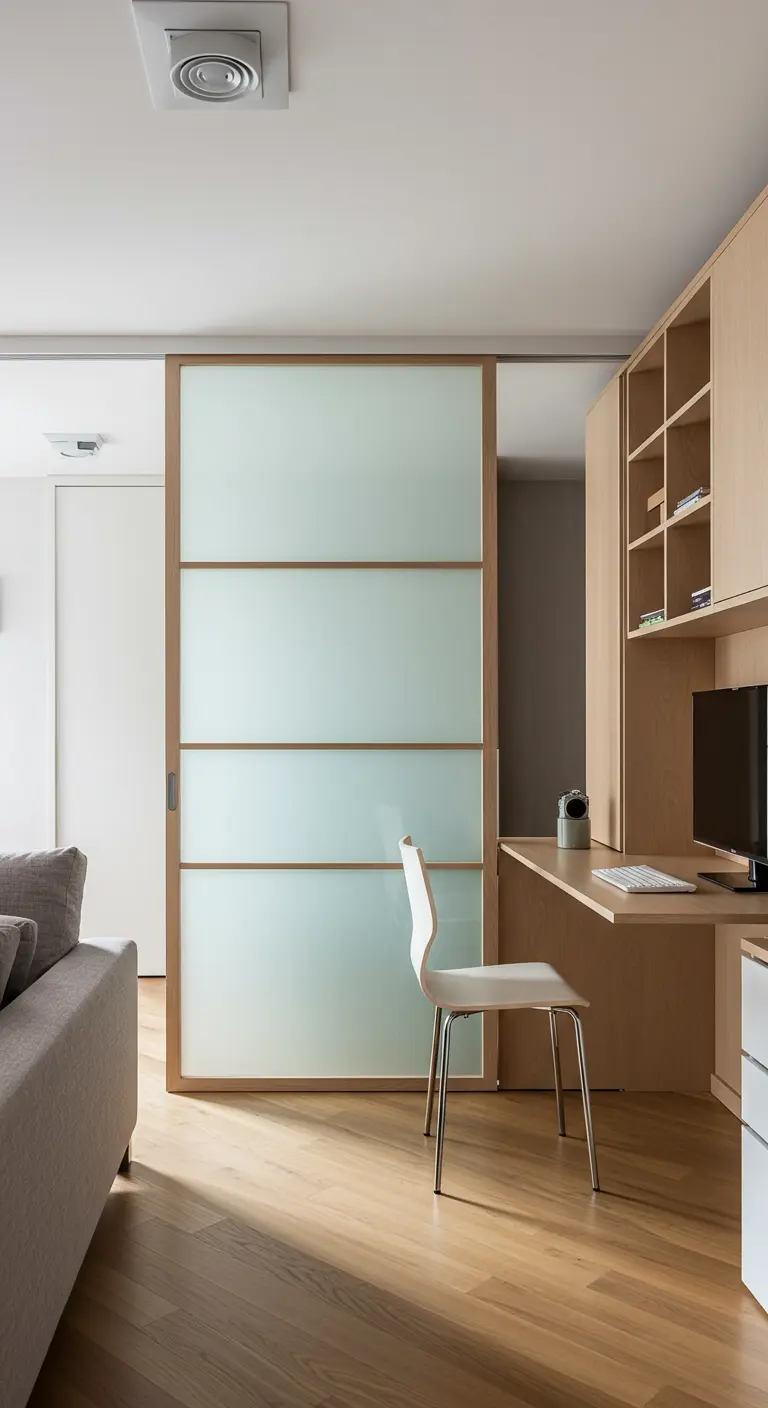 Puerta corredera de madera y cristal esmerilado que oculta una pequeña oficina en casa.