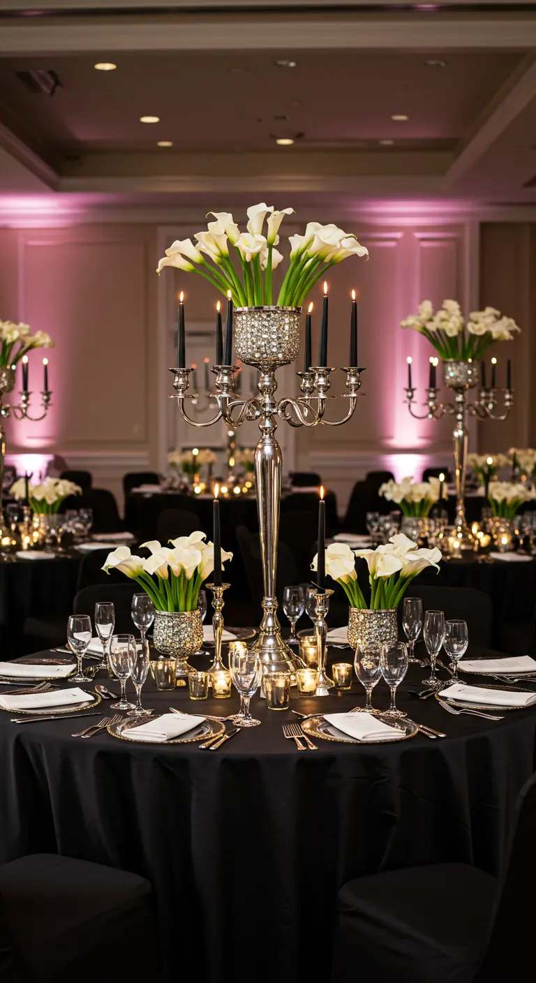 Mesa de boda en blanco y negro con candelabros de plata, velas negras y calas blancas.