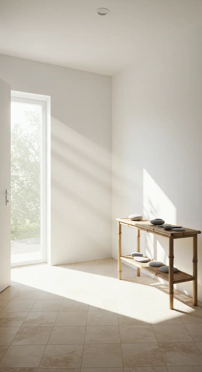 Consola de bambú en una habitación blanca y luminosa, decorada con piedras apiladas.