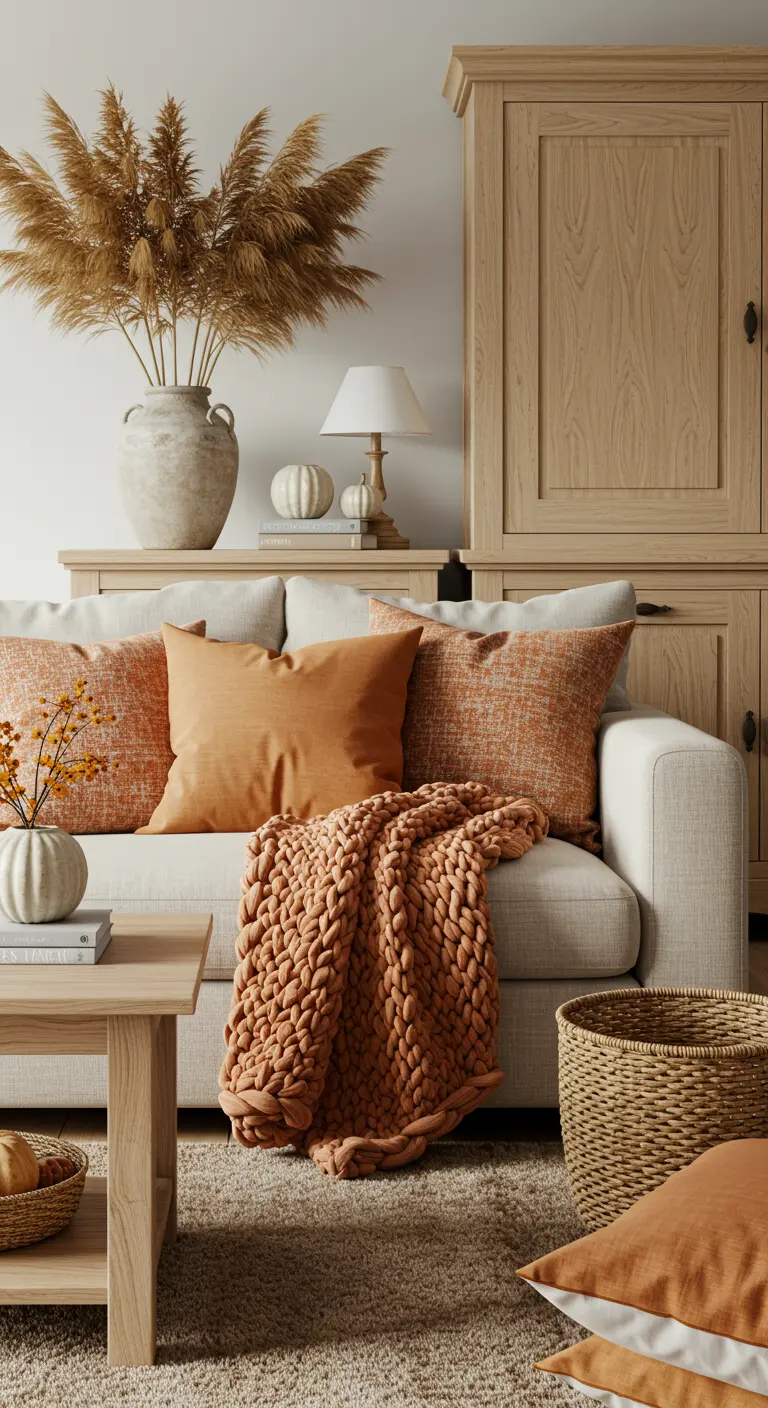 Sofá claro con una manta de punto grueso color salmón y cojines naranjas texturizados.