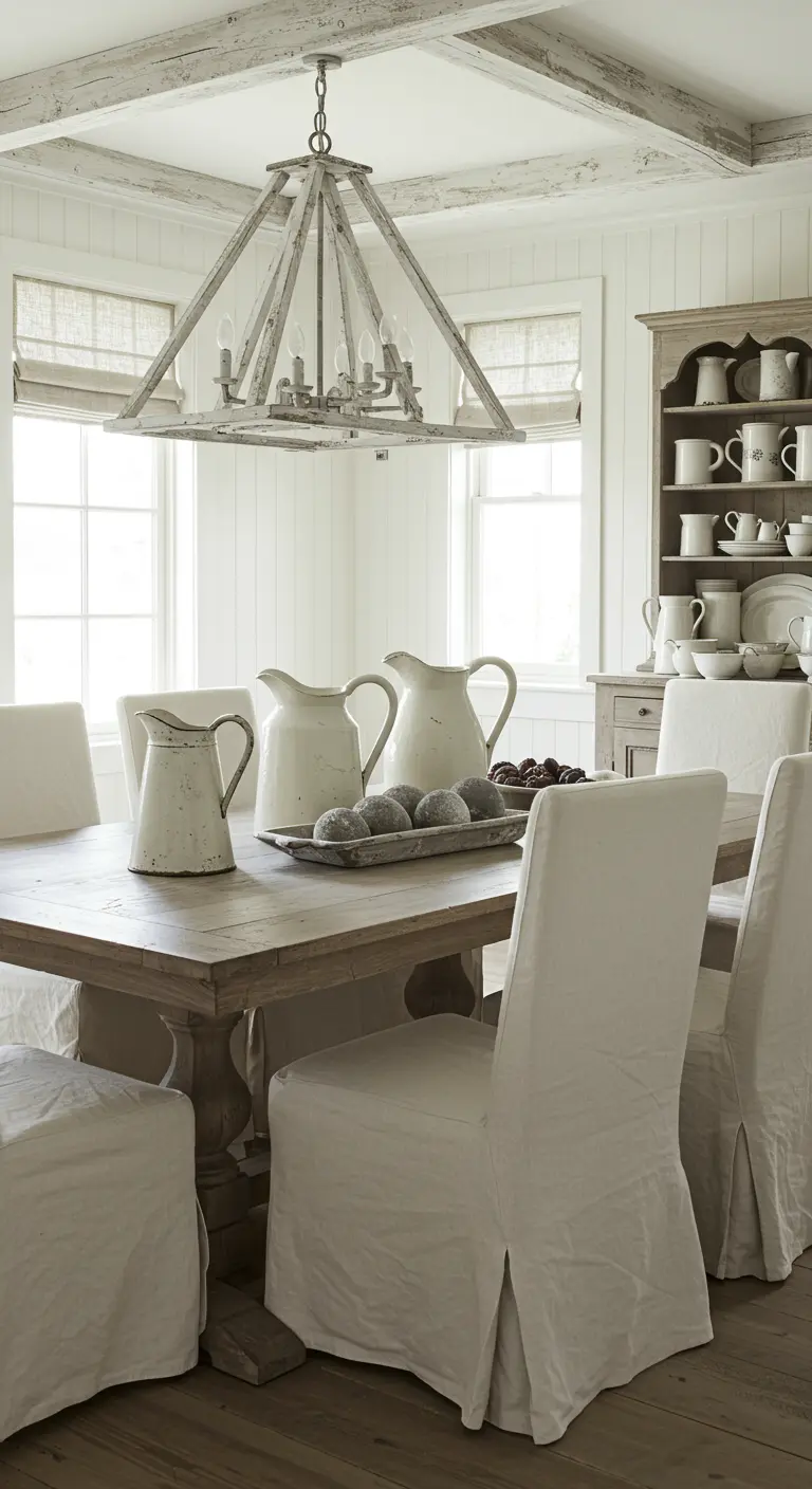 Comedor de estilo farmhouse todo en blanco, con paredes de listones y jarras de cerámica en la mesa.