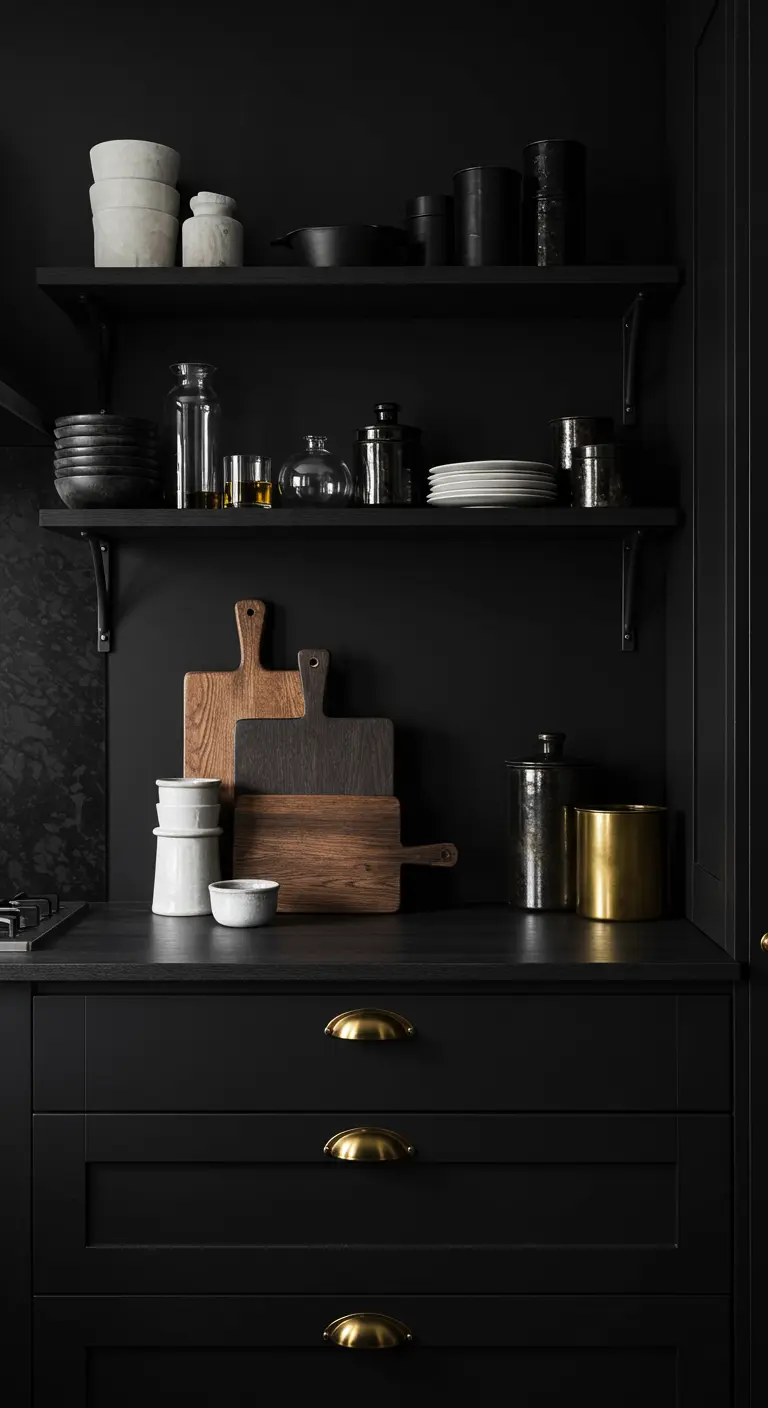 Cocina completamente negra con estanterías, encimera y muebles oscuros y detalles en madera y metal.