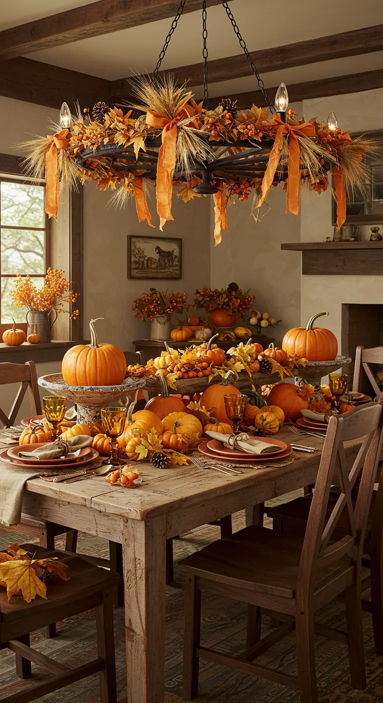 Mesa de comedor rústica decorada abundantemente con calabazas, hojas secas y motivos de otoño