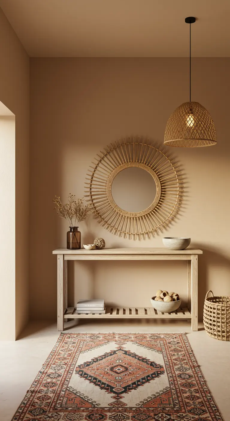 Recibidor bohemio en tonos cálidos con espejo de sol de ratán, consola de madera y lámpara de mimbre.