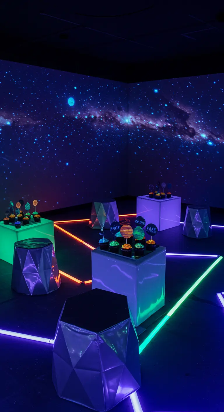 Fiesta temática espacial con cupcakes sobre pedestales iluminados con luz neón y proyecciones de galaxias.