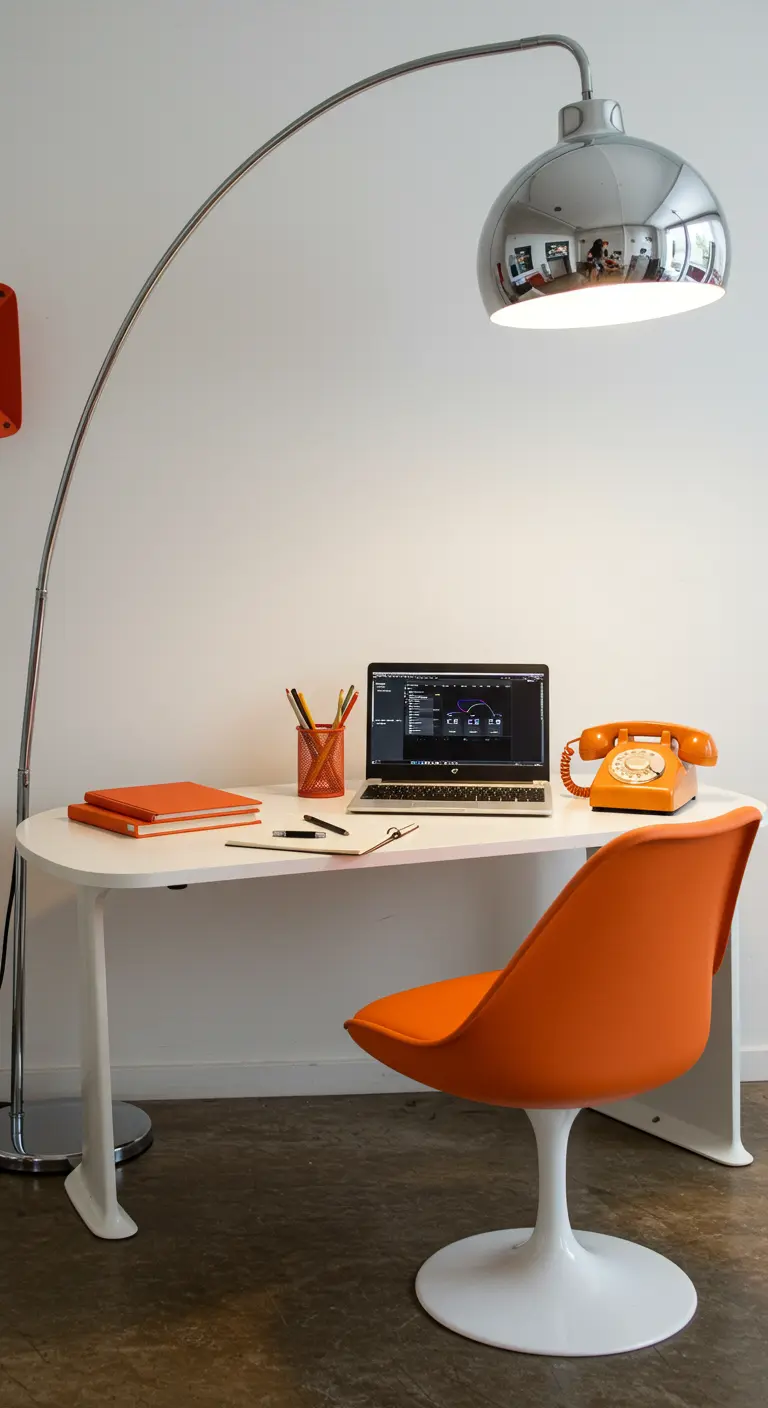 Rincón de trabajo de los años 70 con una lámpara de arco cromada y una silla naranja de diseño.