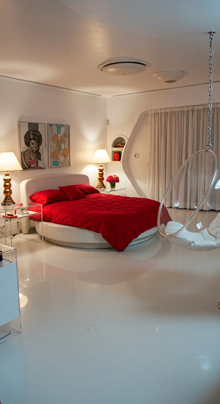 Dormitorio futurista de los 70 con cama redonda roja, suelo blanco brillante y silla burbuja.