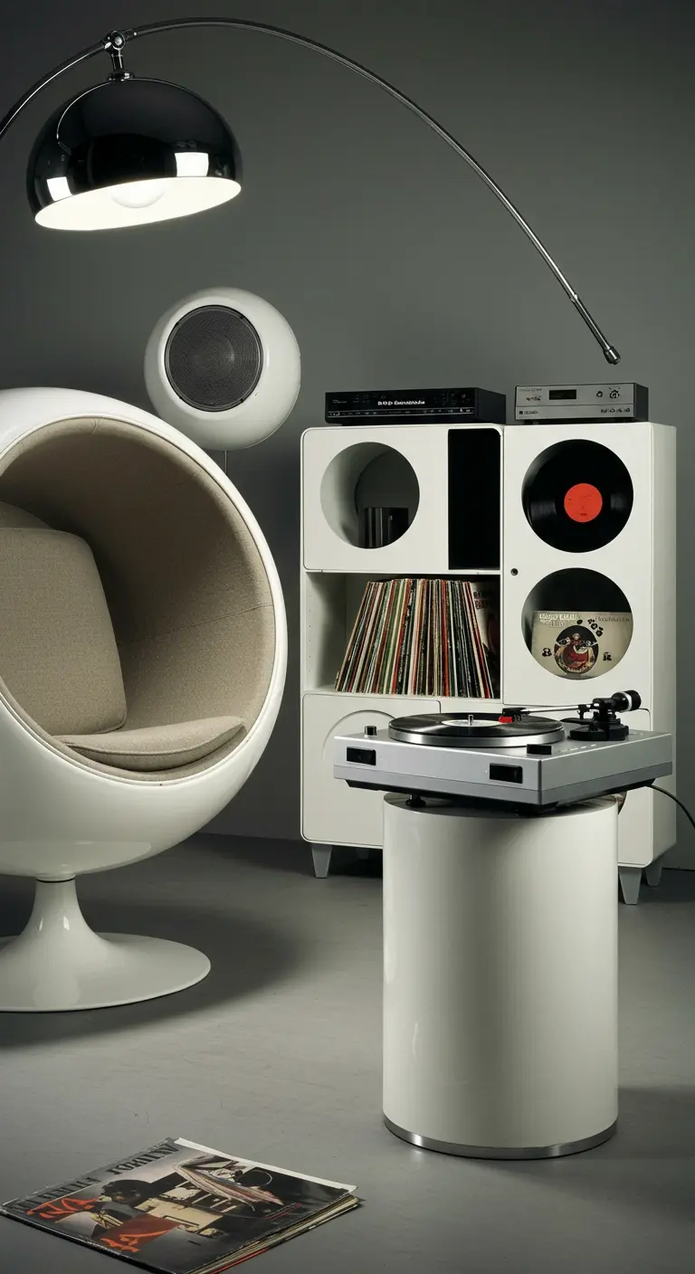 Rincón de música futurista de los 60 con una silla 'Ball', altavoces esféricos y muebles modulares blancos.