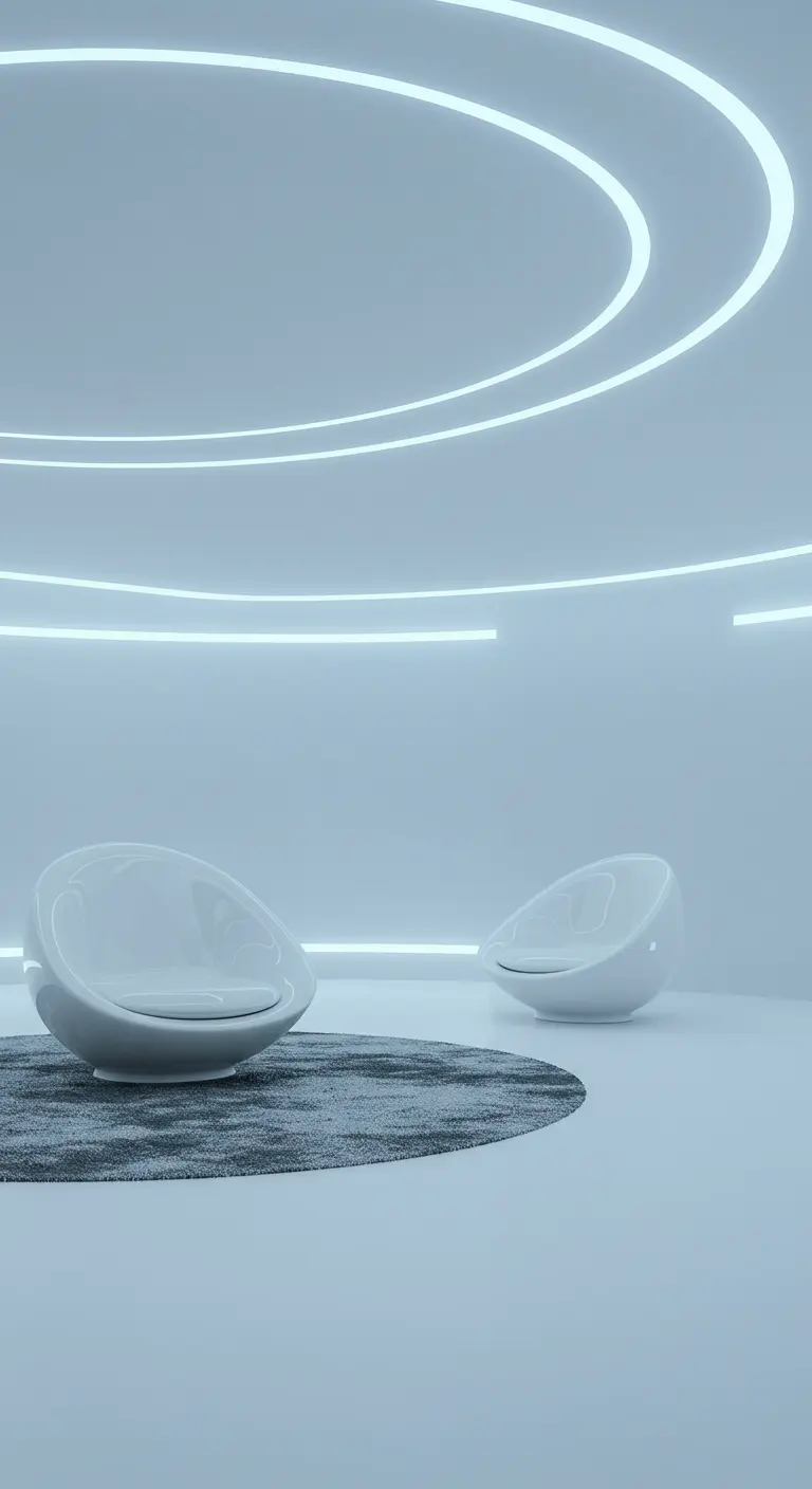 Sala futurista con iluminación LED circular en el techo, alfombra redonda y sillas de diseño curvo.