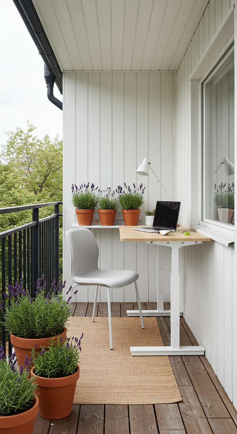 Balcón convertido en oficina con escritorio de altura regulable, silla gris y macetas de lavanda.