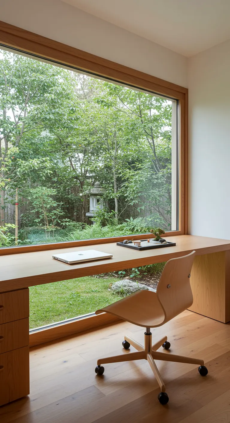Escritorio de madera minimalista frente a un gran ventanal con vistas a un jardín japonés.