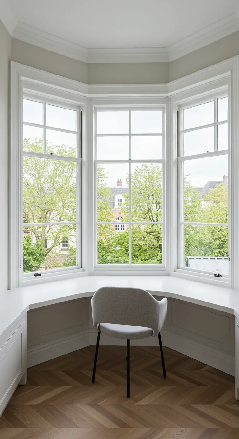 Escritorio integrado en el alféizar de una ventana mirador con una silla de diseño gris.