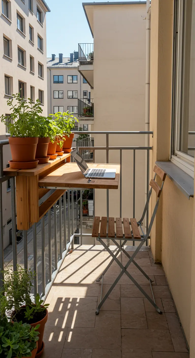 Escritorio de madera plegable colgado en la barandilla de un balcón urbano con plantas.