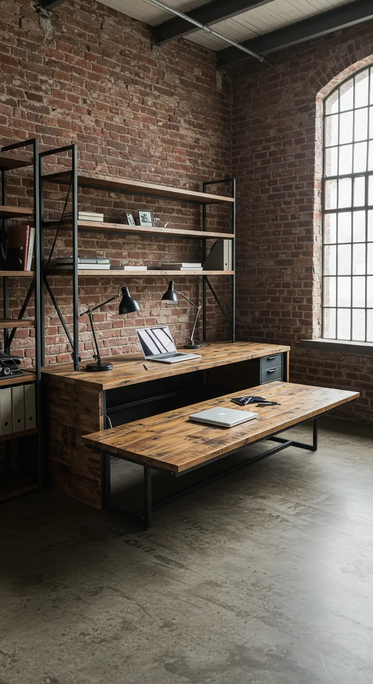 Escritorio de madera industrial con cama extraíble en un loft con pared de ladrillo.
