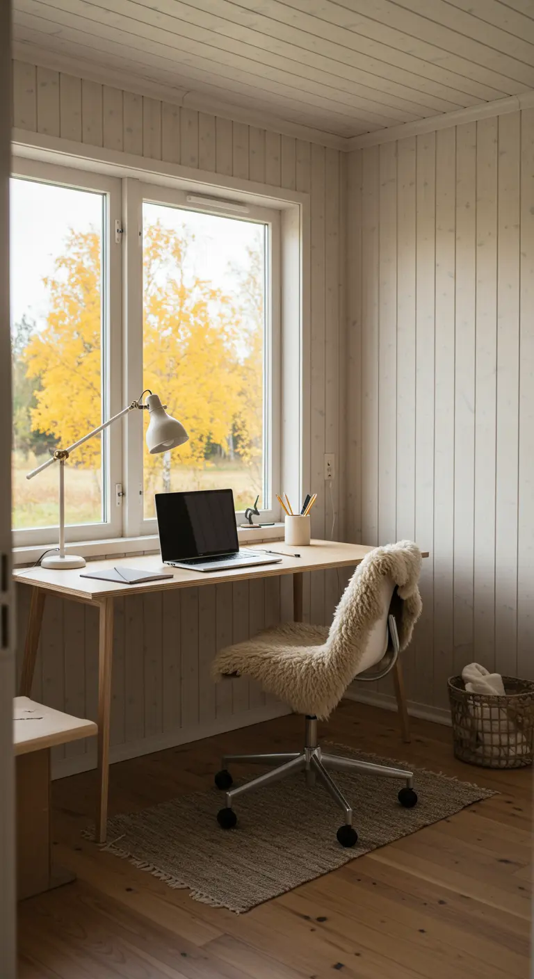 Espacio de trabajo luminoso con escritorio de madera y silla con piel de oveja
