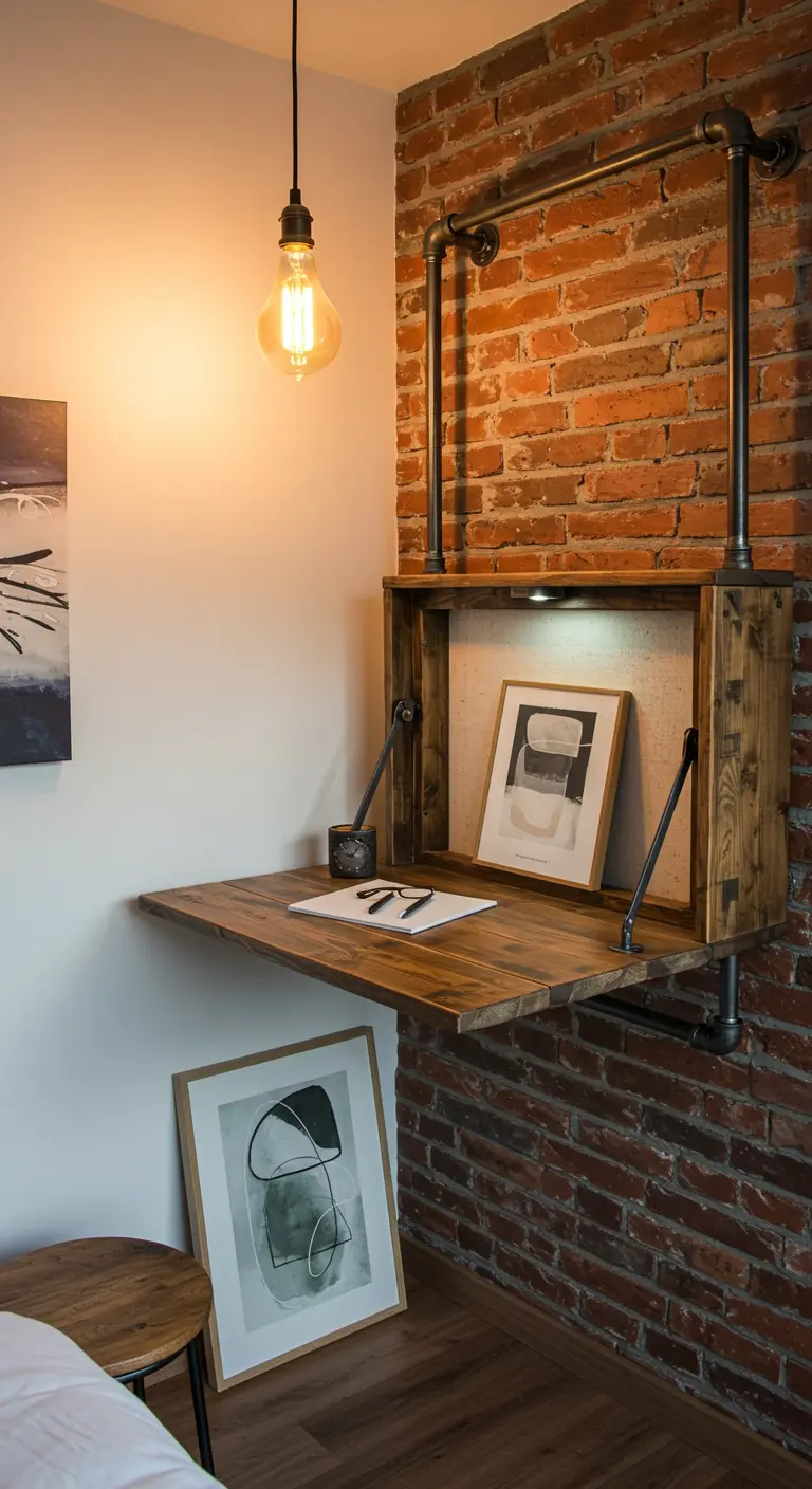 Escritorio plegable de madera con estructura de tuberías industriales.