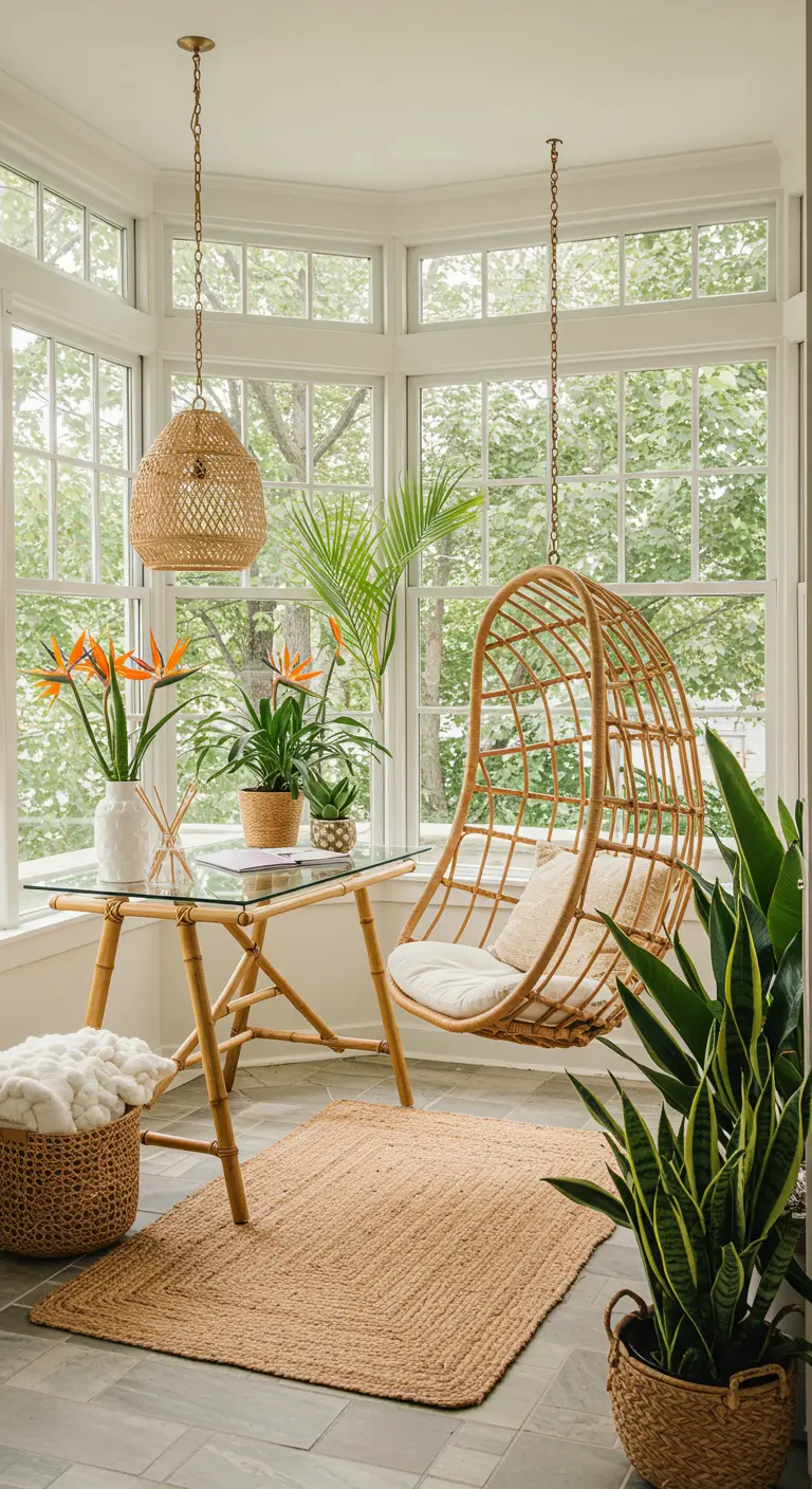 Oficina luminosa en un porche acristalado con muebles de bambú y muchas plantas.