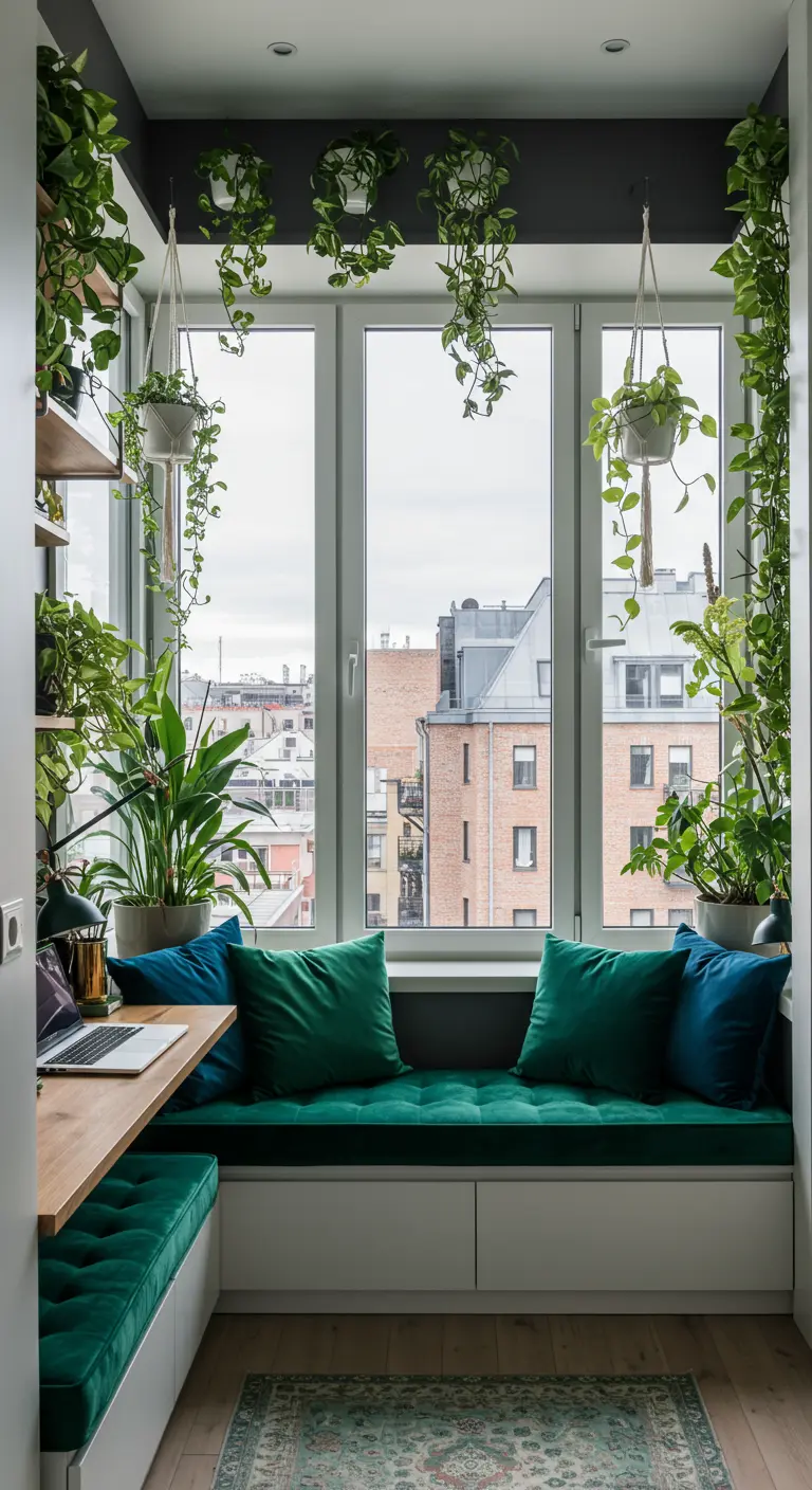 Rincón de trabajo bajo una ventana rodeado de plantas colgantes y cojines de terciopelo verde.