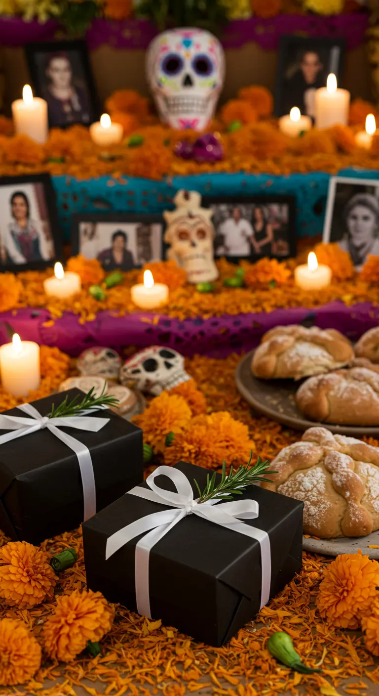 Regalo negro con lazo blanco y romero sobre un altar del Día de los Muertos.