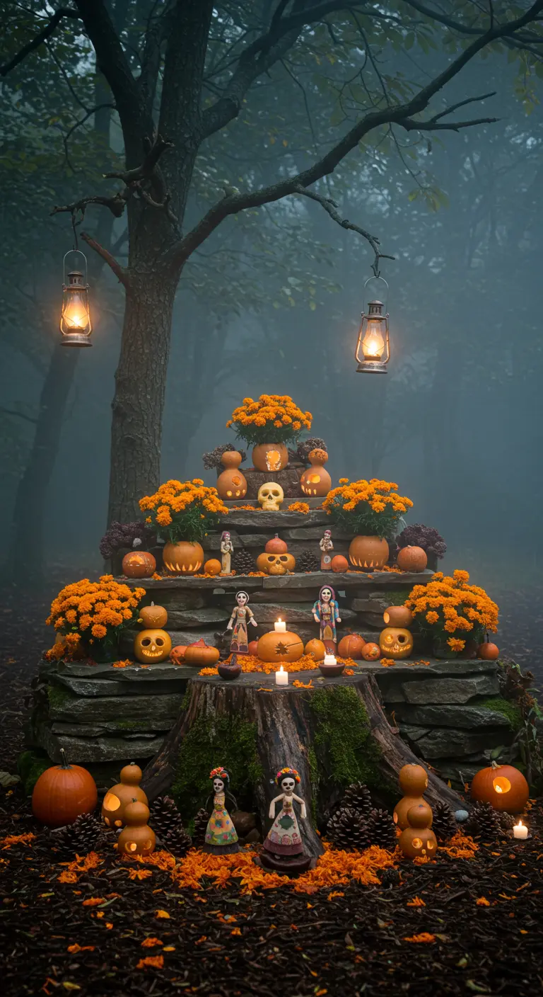 Altar de muertos rústico en un bosque sobre un tocón, con calabazas, Catrinas y faroles.
