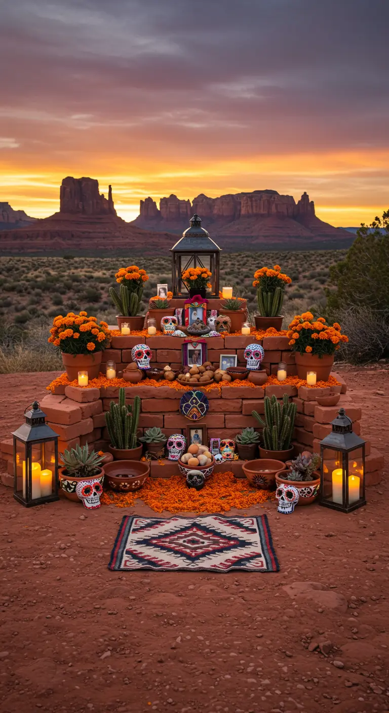 Altar de muertos de ladrillo en el desierto, decorado con cactus, velas y flores de cempasúchil.