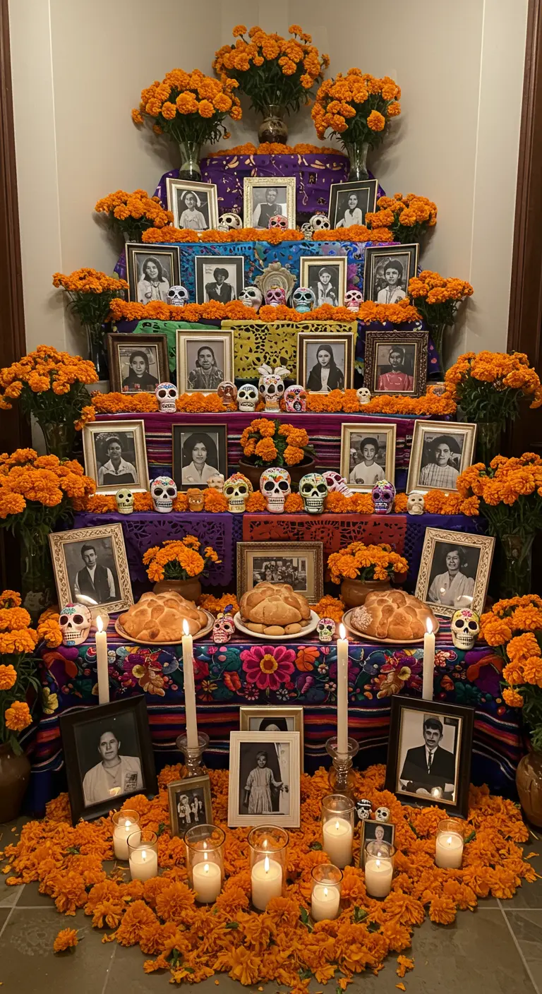 Altar tradicional del Día de los Muertos con cempasúchil, fotos y calaveras de azúcar.