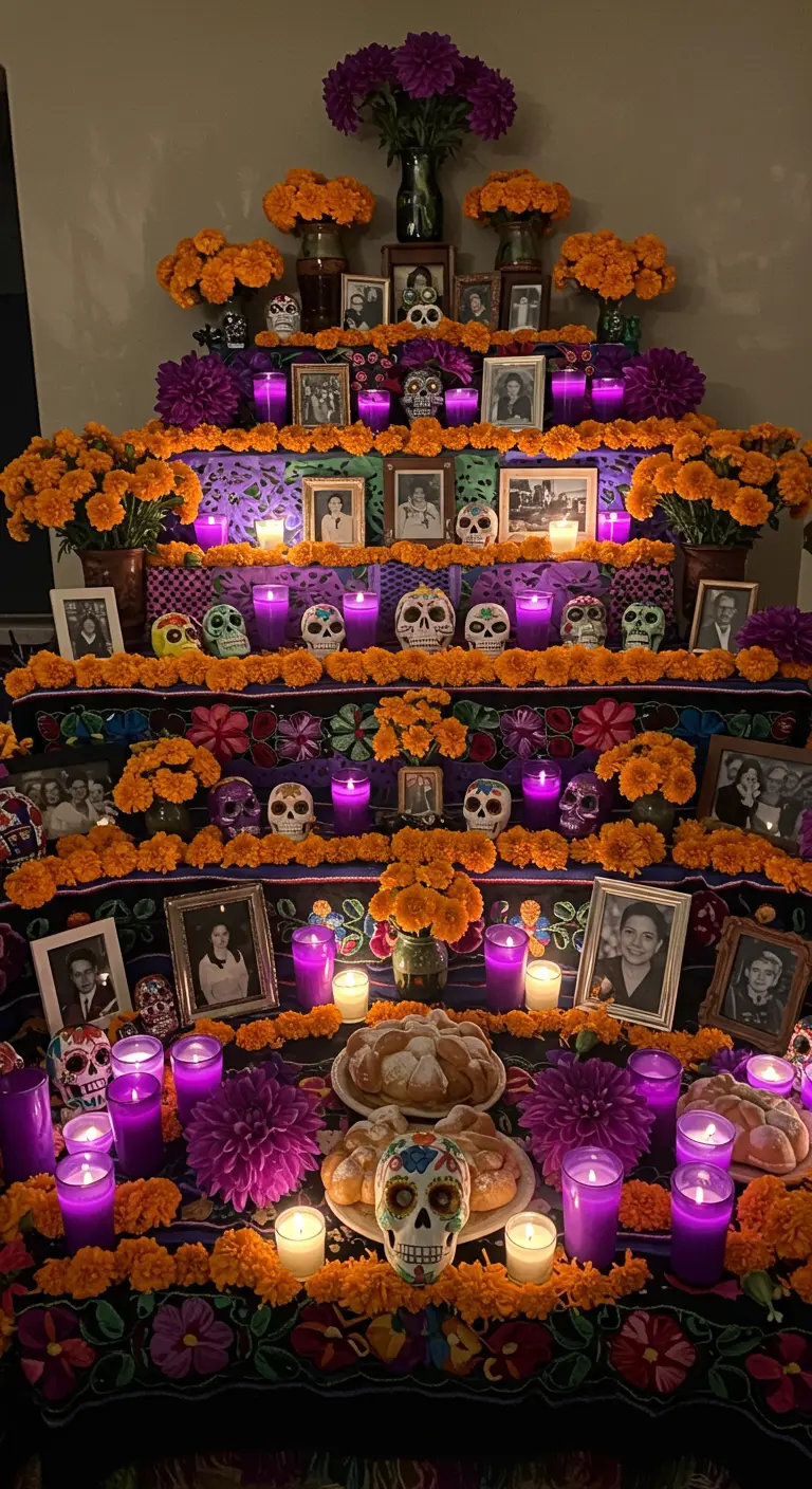Altar de Día de Muertos de varios niveles con calaveras de azúcar, fotos y flores naranjas.