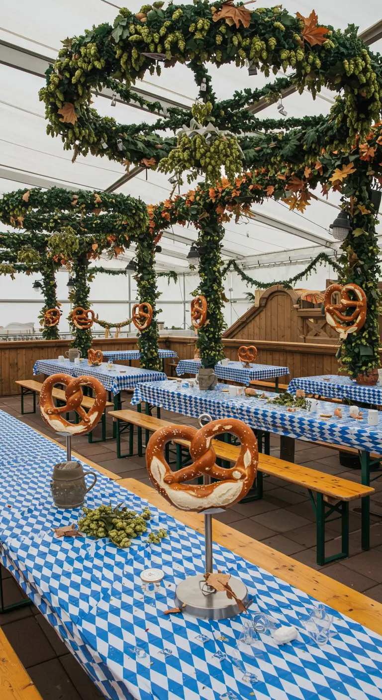 Decoración para un Oktoberfest con mesas largas, manteles de rombos azules y blancos, y pretzels gigantes.