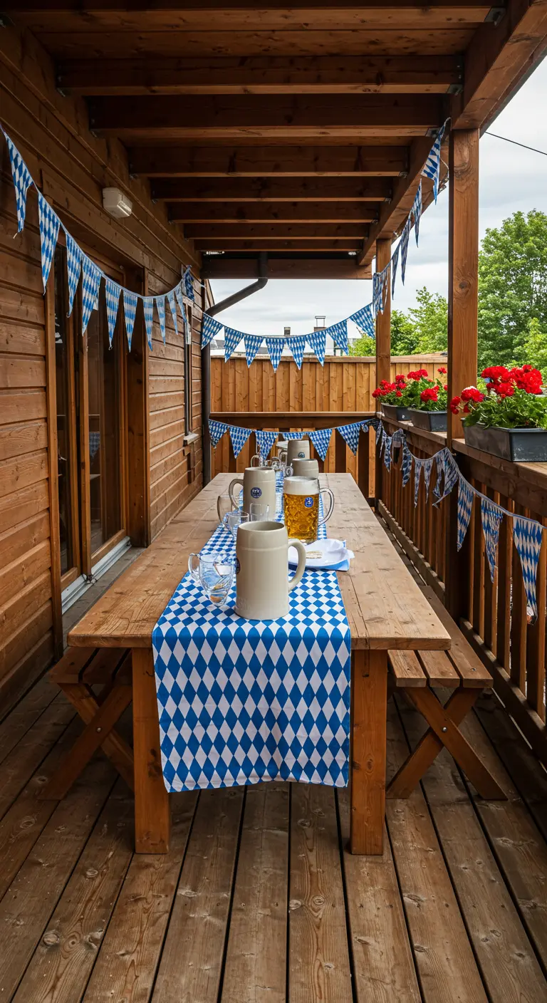 Balcón de madera decorado para Oktoberfest con banderines y mantel de rombos azules.