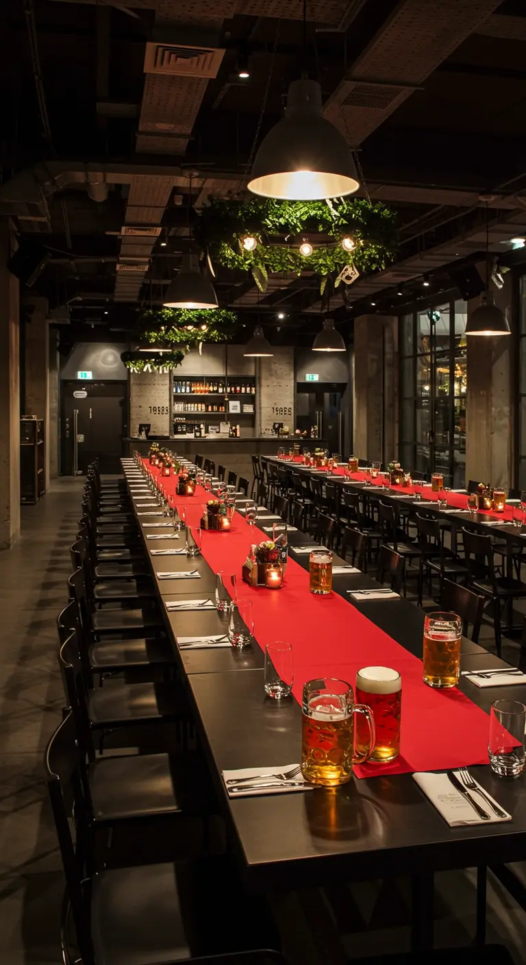 Larga mesa de banquete con corredor rojo y jarras de cerveza en un local industrial.