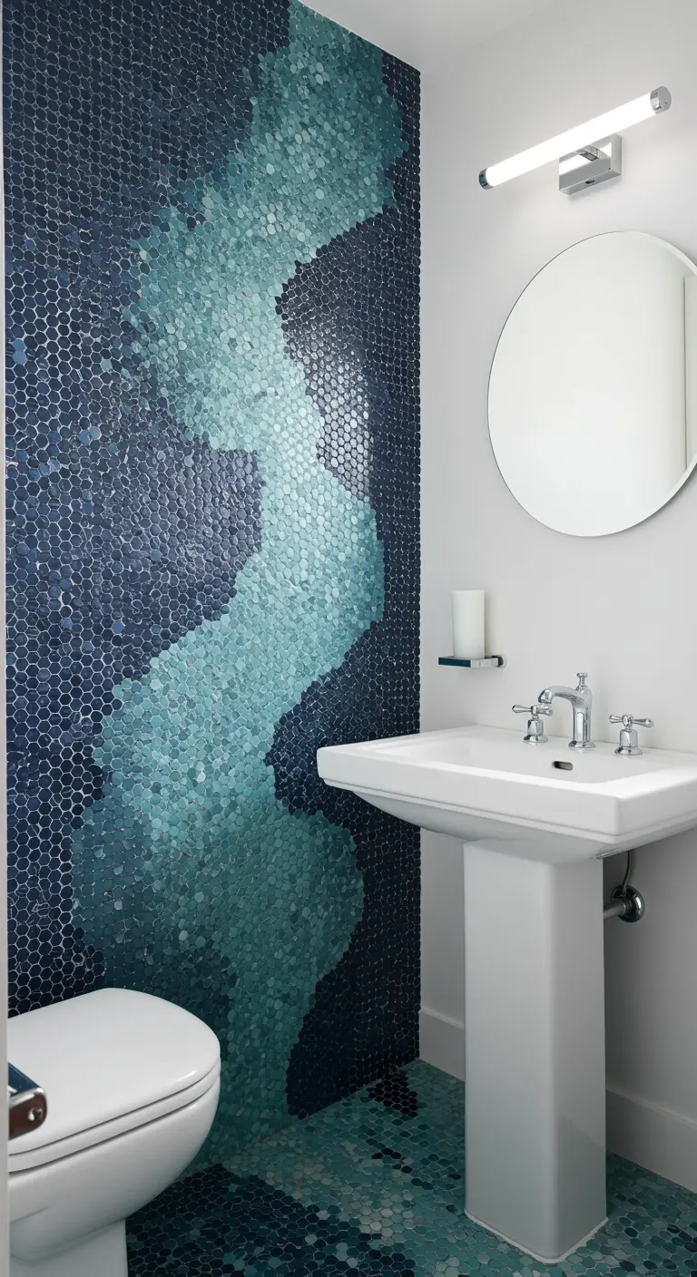 Baño con una pared de acento cubierta de mosaicos hexagonales en tonos azules y verdes