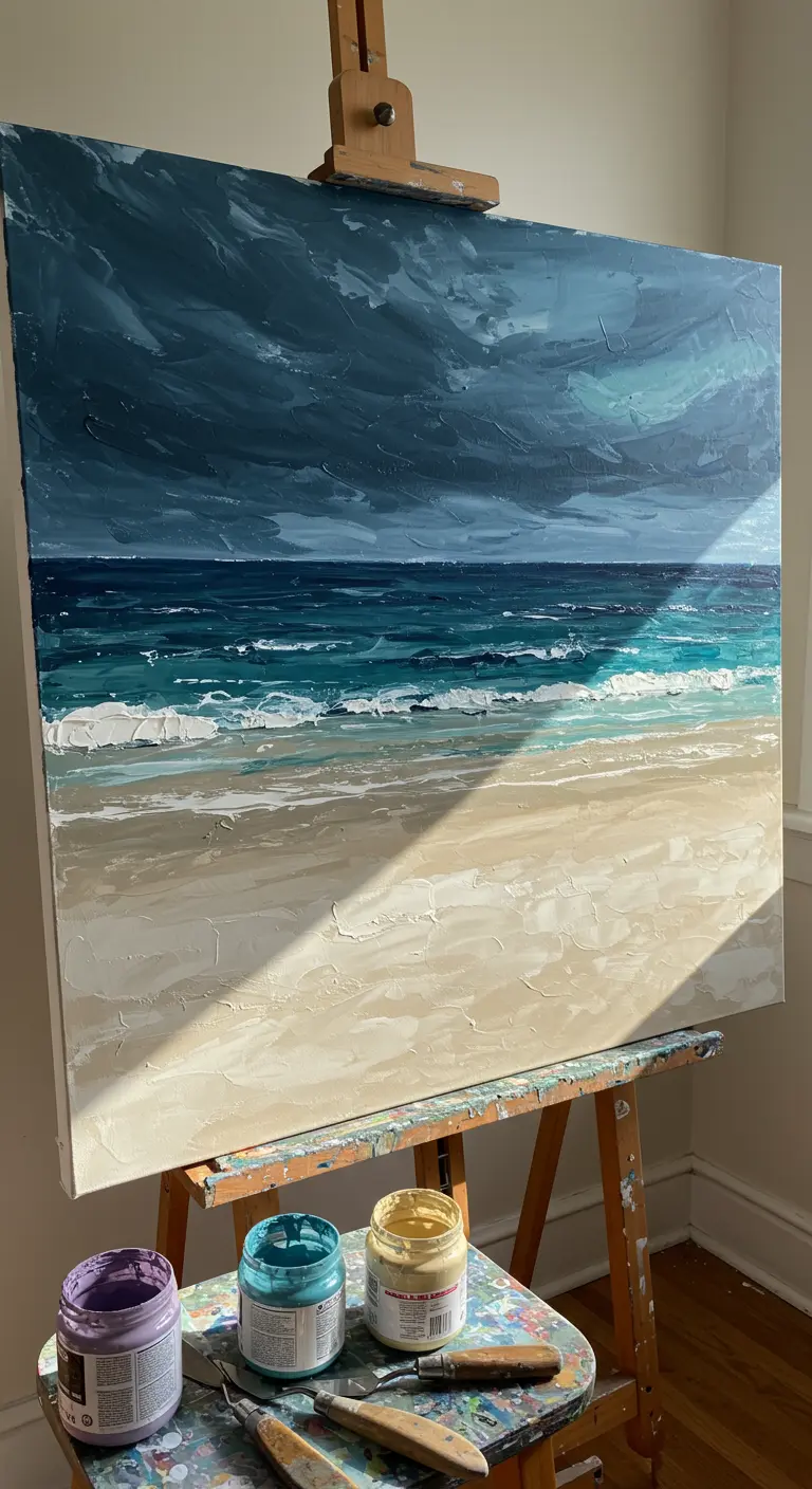 Pintura de un paisaje marino con cielo tormentoso hecha con espátula.