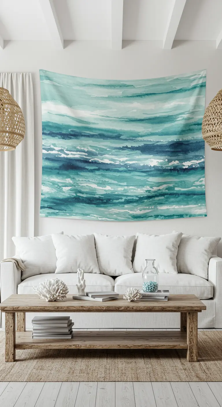 Tapiz con diseño de olas de acuarela en tonos turquesa en una sala de estar de estilo costero.