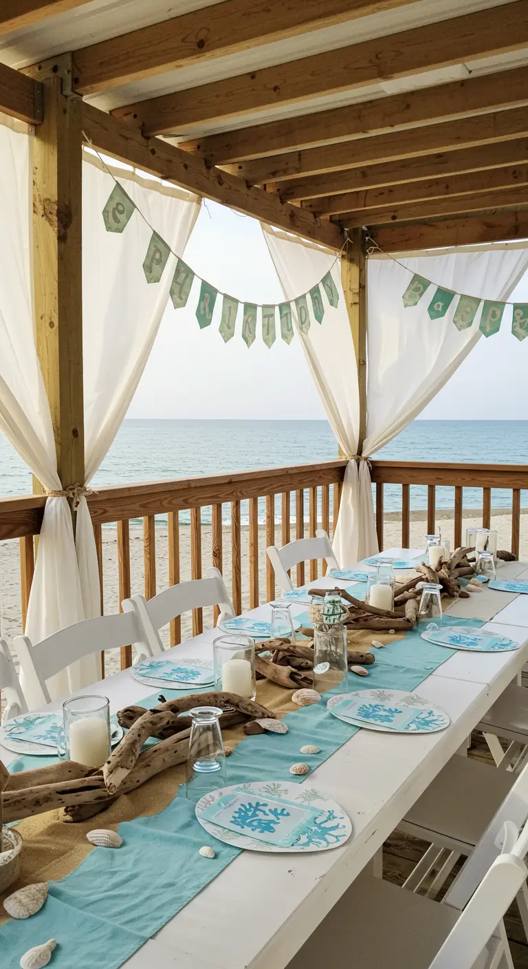 Mesa de fiesta en un porche de playa, con decoración en tonos blancos y turquesas.