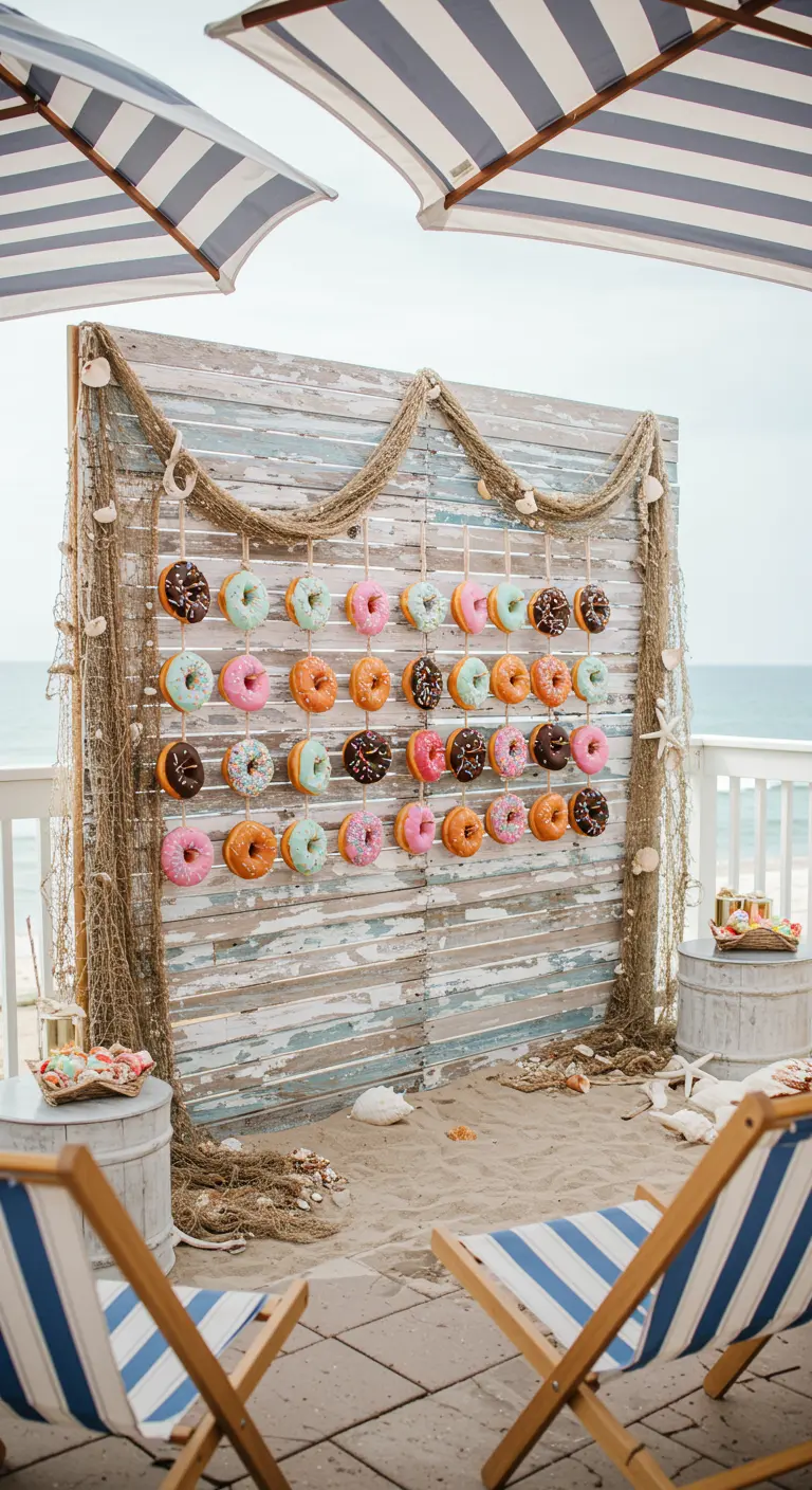 Pared de donuts de madera desgastada en la playa, decorada con redes de pesca y conchas marinas.