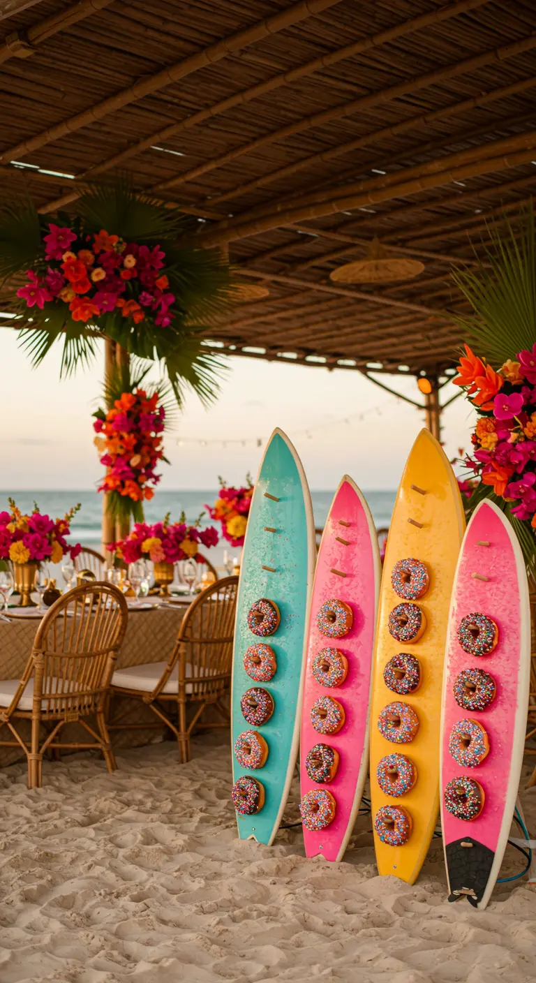 Tablas de surf de colores brillantes en la playa, usadas como expositores verticales para donuts.