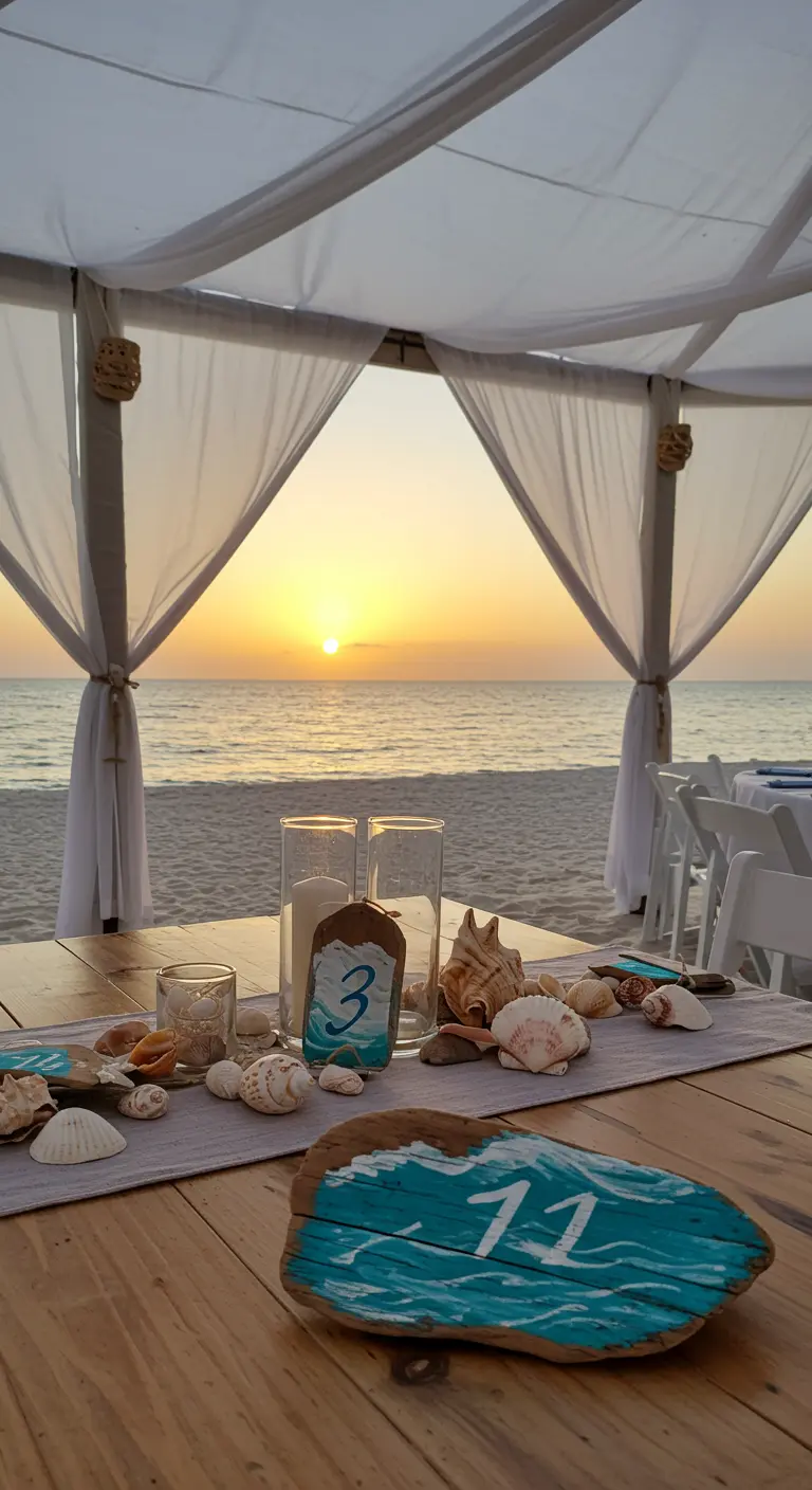 Número de mesa pintado con olas azules sobre madera flotante en una playa.