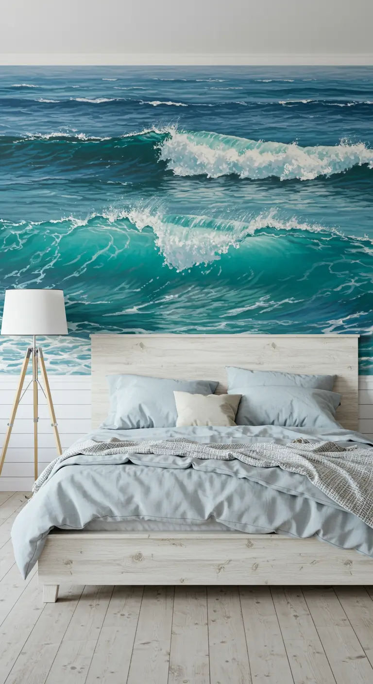 Mural hiperrealista de olas del mar en un dormitorio de estilo costero.