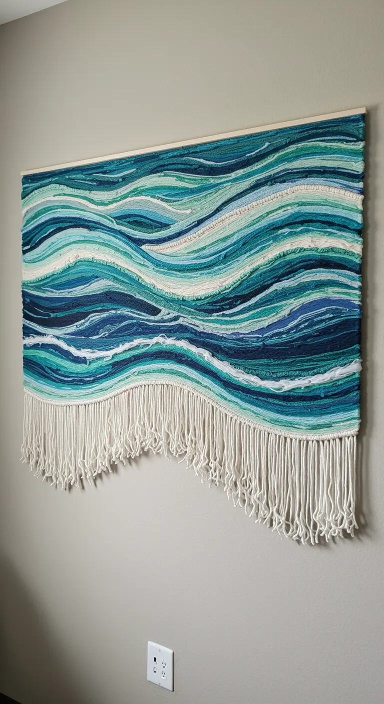 Tapiz tejido con diferentes hilos en tonos azules, verdes y blancos, creando un efecto de olas.
