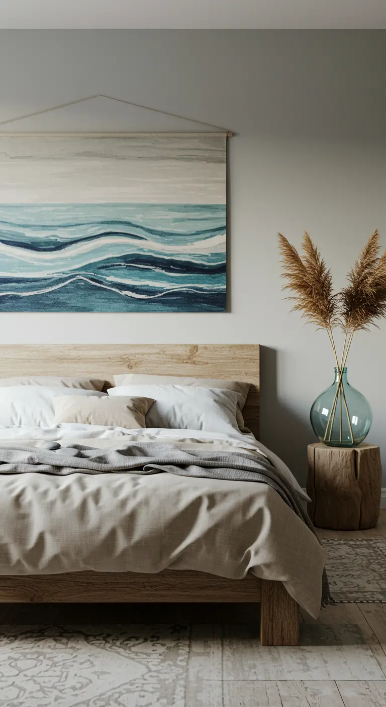 Dormitorio sereno con un tapiz de pared que representa olas del mar y un jarrón con hierba de la pampa.