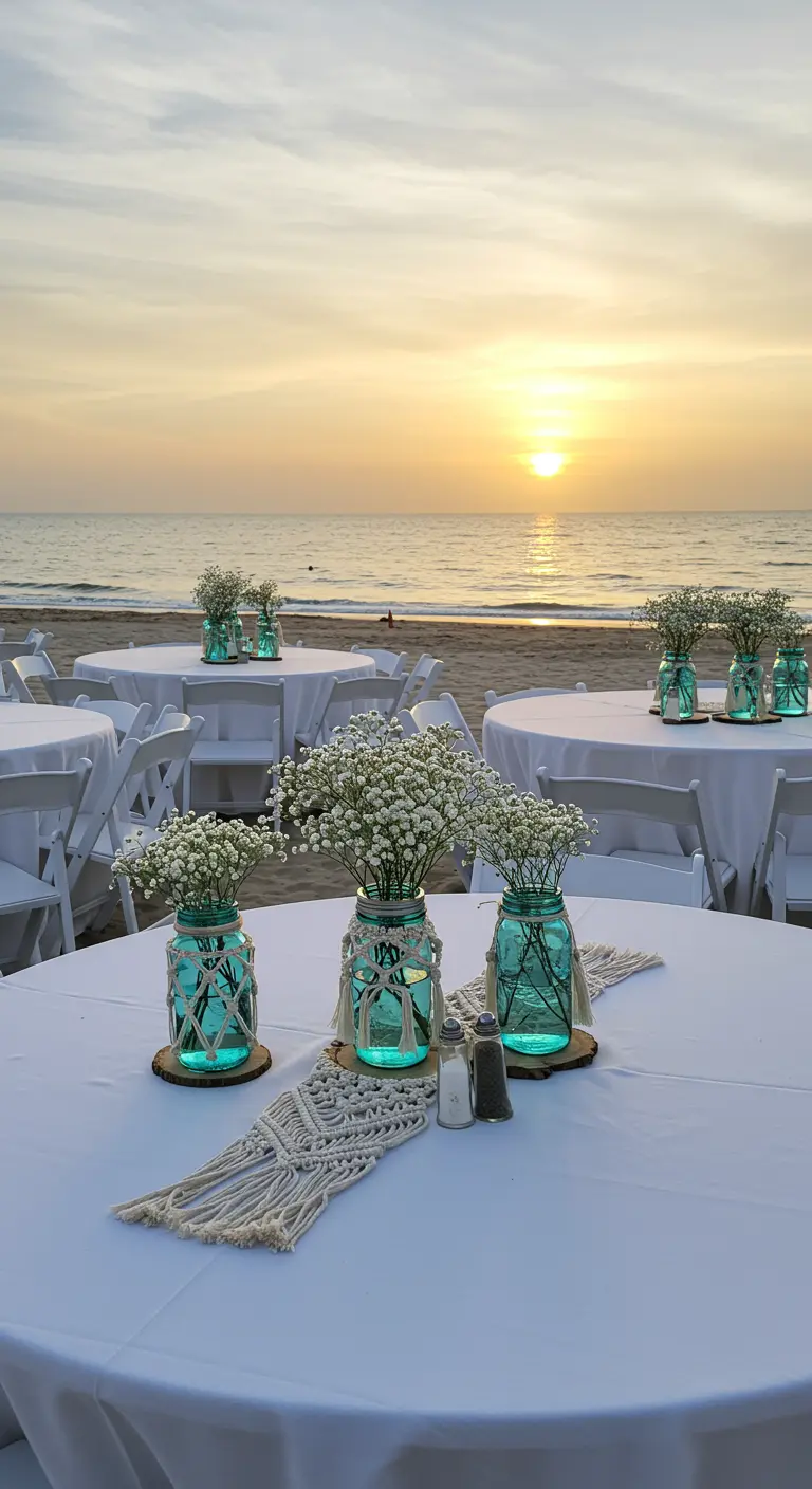 Centros de mesa de boda en la playa con tarros turquesa, paniculata y macramé.