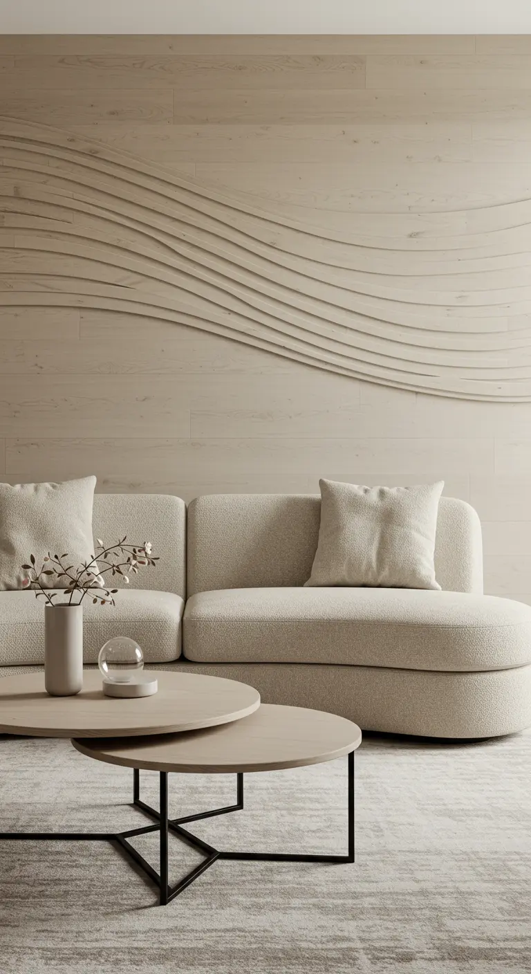 Pared de madera clara con un relieve de ondas horizontales detrás de un sofá curvo.