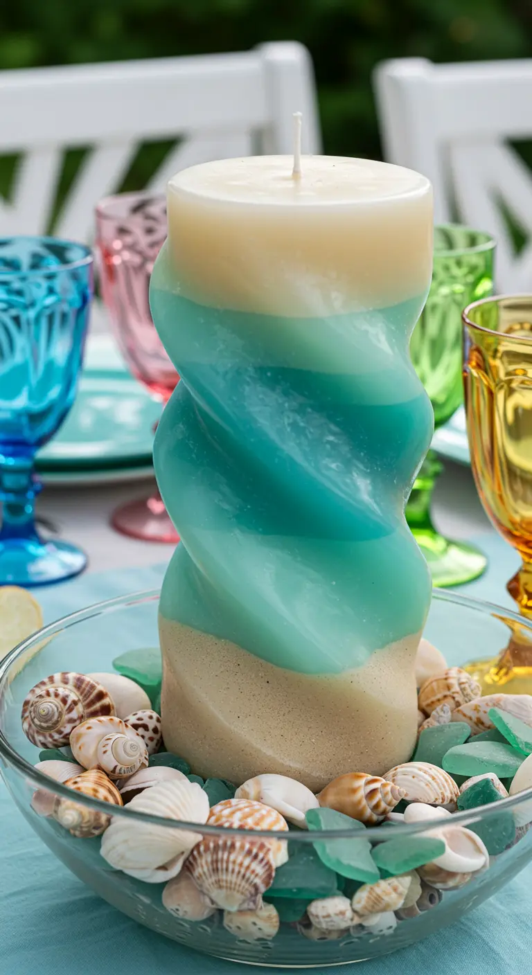 Vela en espiral con capas que imitan la arena y las olas del mar, en un bol con conchas.