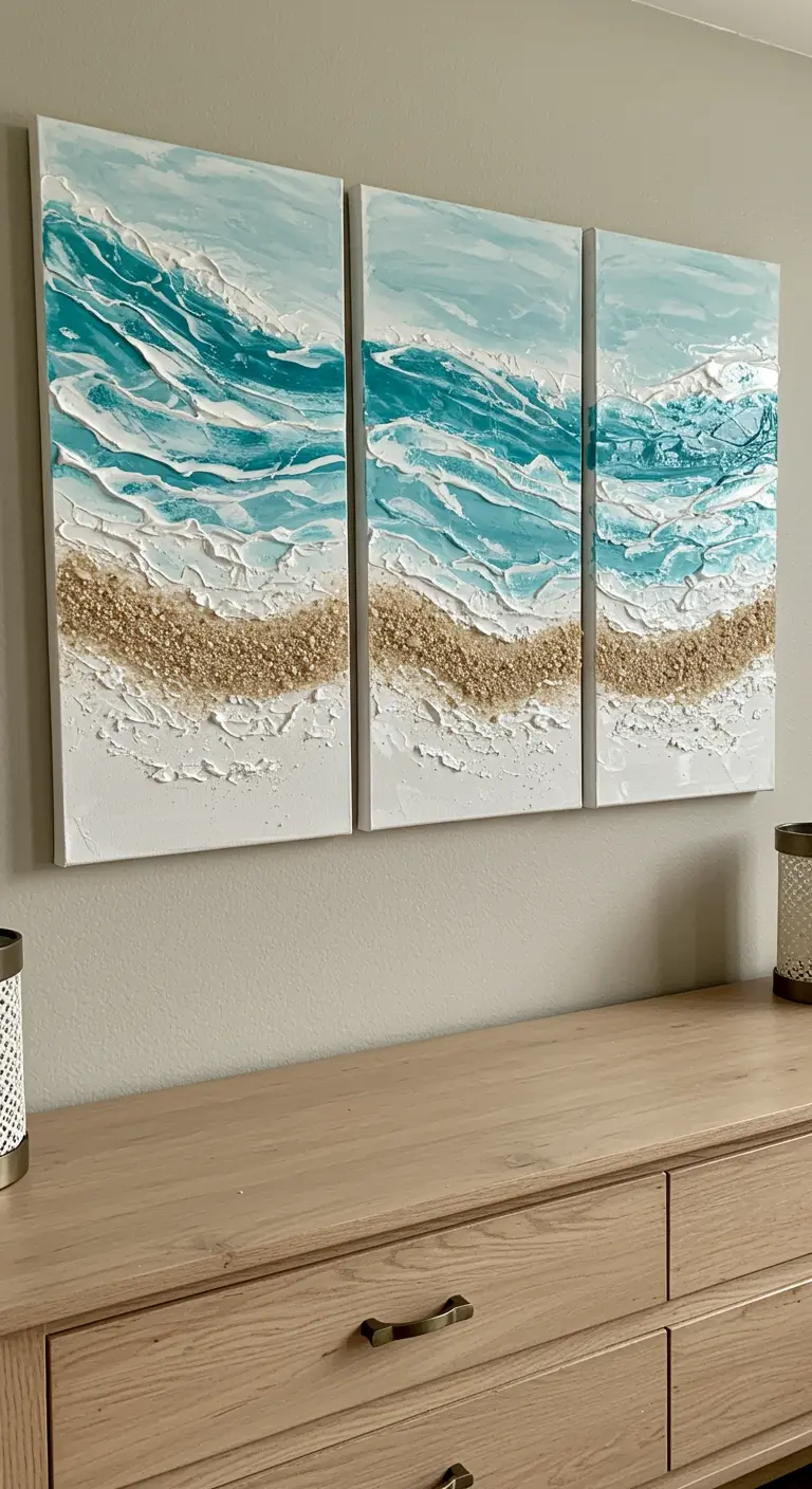 Tríptico de lienzos que forman una escena de olas del mar con yeso y arena texturizada
