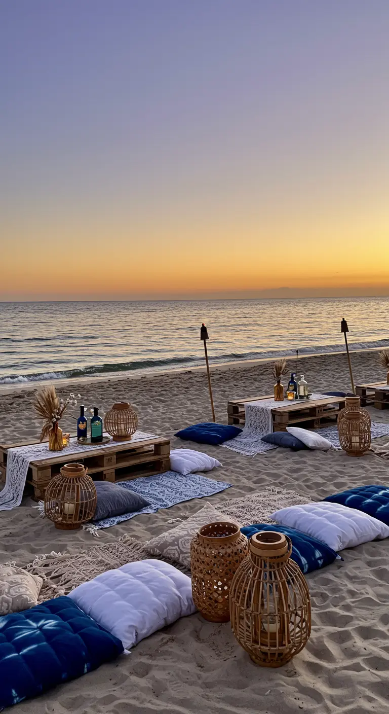 Rincón chill out en la playa al atardecer con mesas de palets y cojines azules.